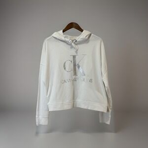 Calvin Klein Jeans Womens Large CK Logo Hoodie White Cropped Pullover Sweatshirt